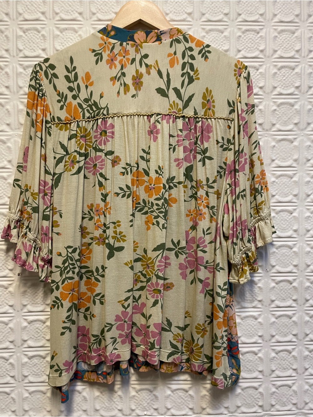 Floral V-Neck Peasant Blouse in Teal and Cream - Picture 5 of 5